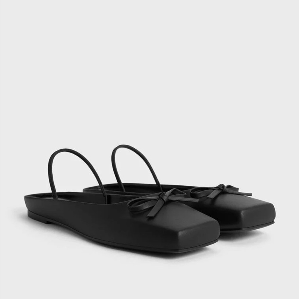 Bow Square-Toe Ballet Mules - Black